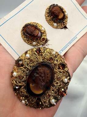 Vintage West Germany Cameo Brooch And Earrings Set
